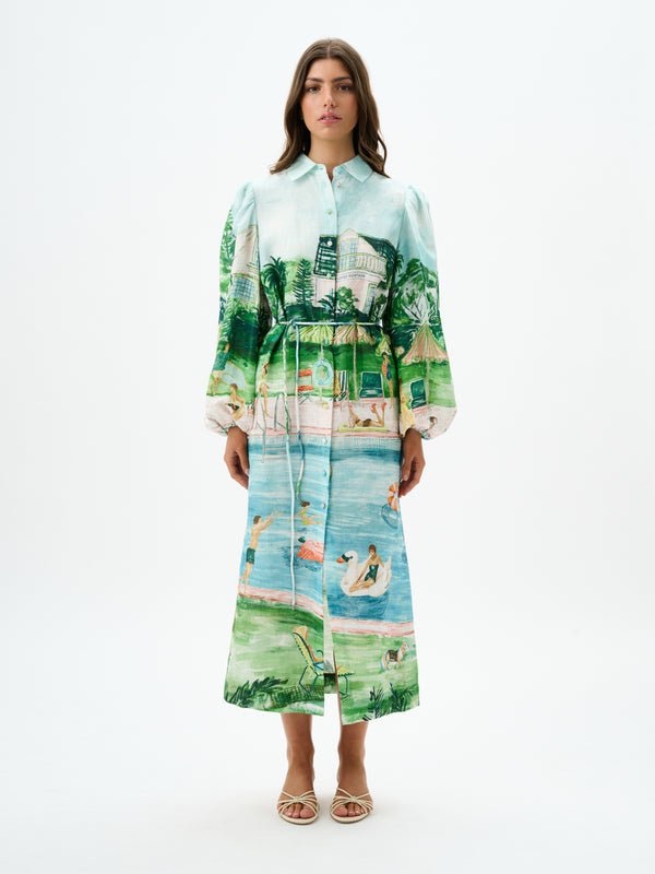 Roame Alexandra Dress Poolside Affair Print Blue Resort Midi